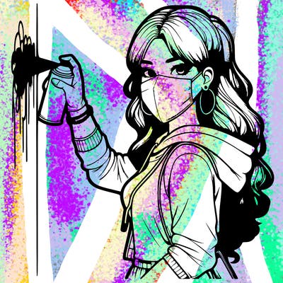 realistic girl with mask spray painting a wall