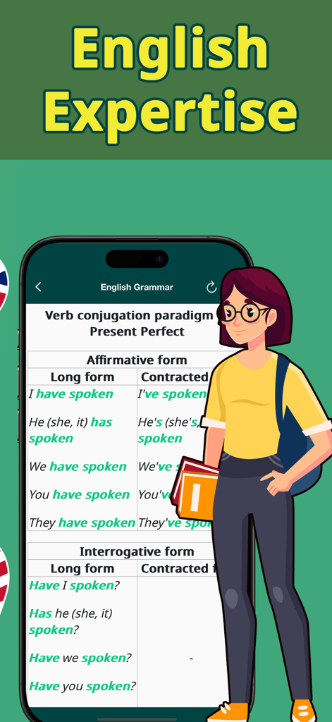 Speak English: Learn Verbs - Una interfaz de aplicación móvil que muestra una tabla de conjugación de verbos para el presente perfecto en inglés