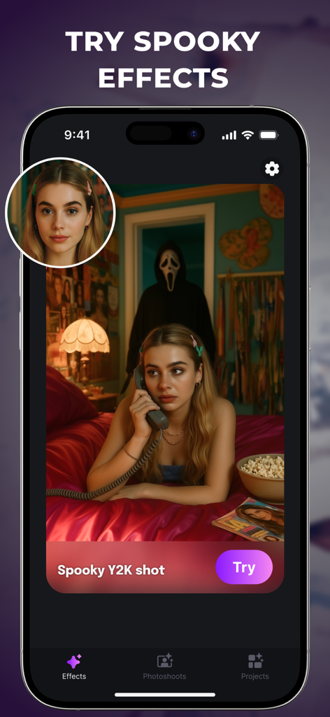 AI Photo Animator & Creator - Smartphone screen of the AI Photo Animator app featuring a spooky Y2K horror photo effect.