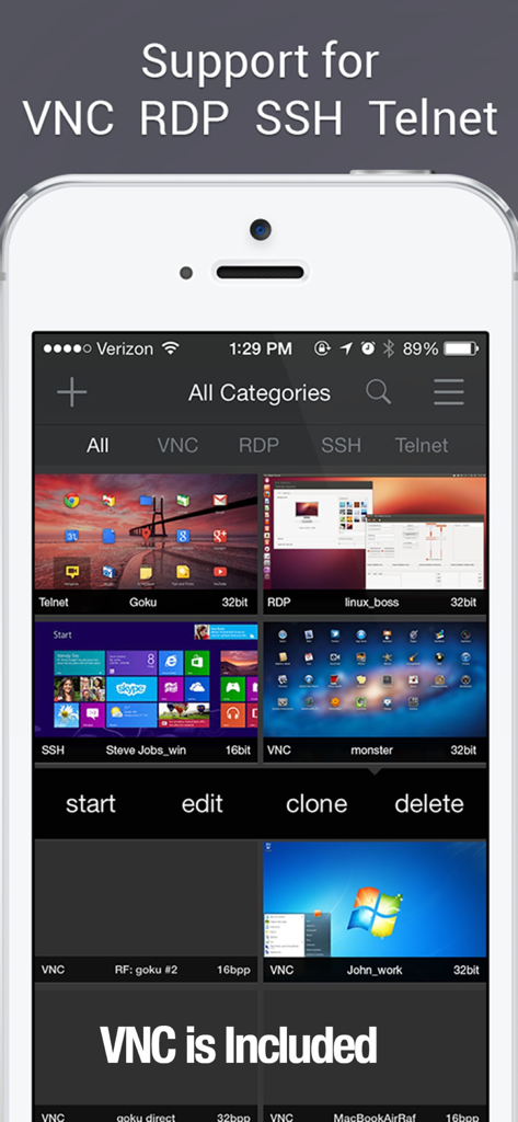 Interfaz de la aplicación Remoter VNC mostrando varias opciones de conexión de escritorio remoto para VNC RDP SSH y Telnet