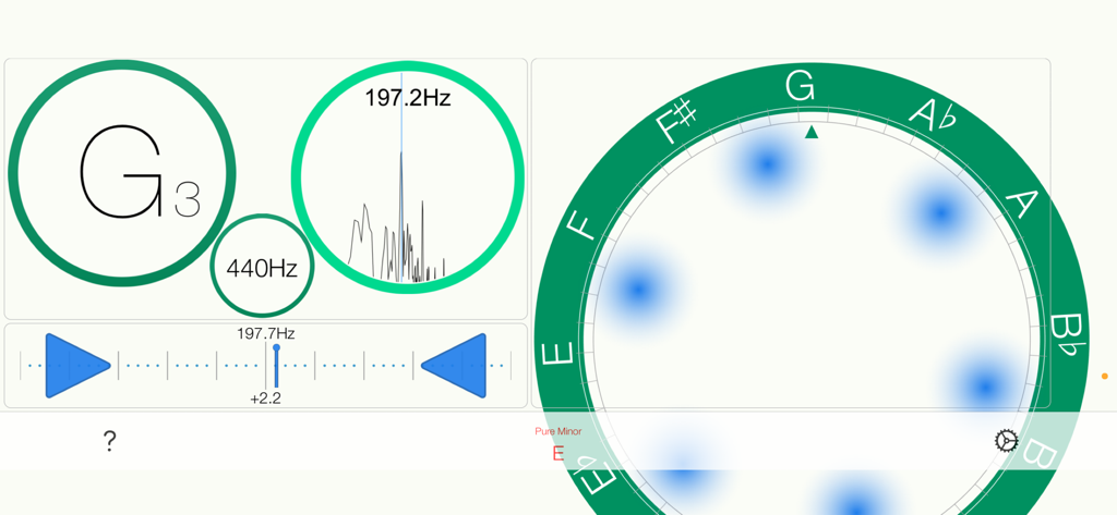 Touch Tuner - Interface do aplicativo Touch Tuner mostrando a nota Sol3, forma de onda de frequência e um dial estroboscópico circular