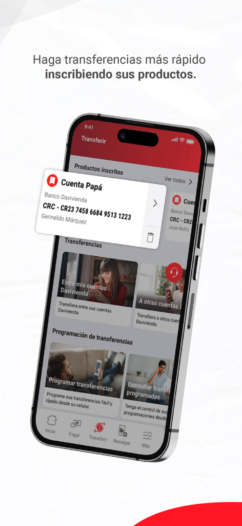 App Davivienda Costa Rica - Davivienda Costa Rica mobile app interface for managing transfers and registered accounts