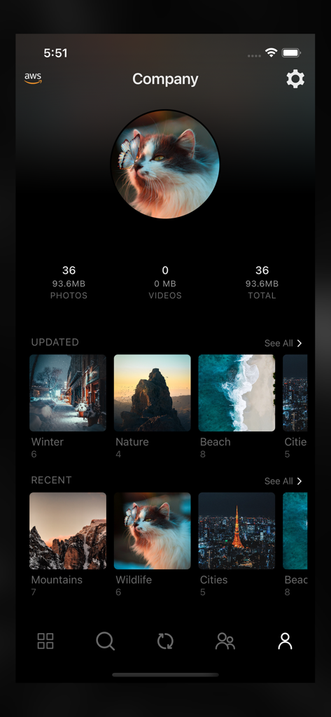 Photos+ Cloud Library - Interface of the Photos plus app showing a user profile with photo storage statistics and organized image albums like nature and wildlife