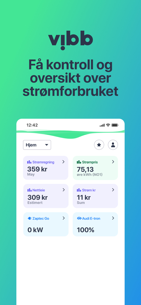 Vibb - Strøm gjort riktig - Vibb mobile app dashboard with electricity consumption and energy price tracking