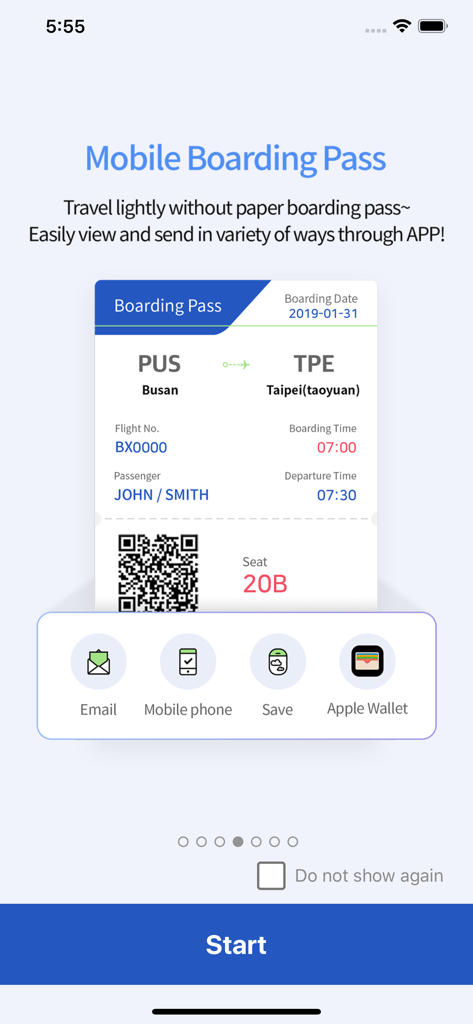 Apple Wallet에 저장하거나 이메일로 보내는 옵션이 있는 모바일 탑승권을 보여주는 에어부산 앱 화면