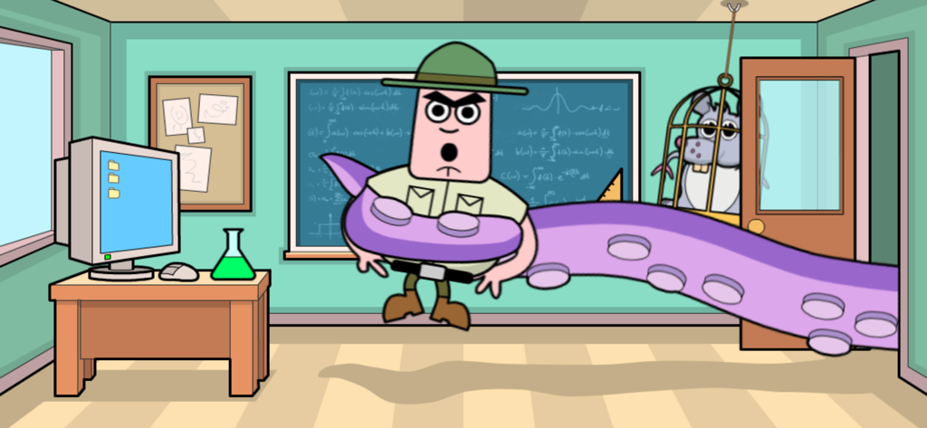 Bash the Teacher! School Prank - 教室で巨大な紫色の触手に連れ去られるカートゥーン風の先生。