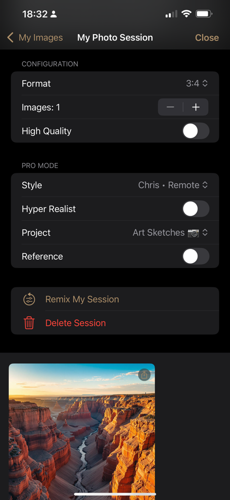 Gizmo by Bluewaves - Menú de configuración para la generación de imágenes de IA en la aplicación Gizmo Evo