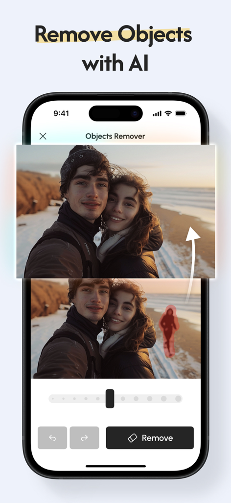 Genie - Phone Storage Cleaner - Genieアプリのインターフェース。写真の背景から不要な人物を削除するAIオブジェクトリムーバーツールが表示されています。