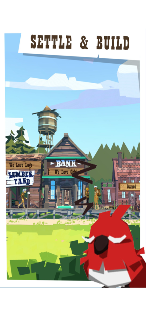 The Trail - A low-poly frontier town in The Trail game featuring a bank, a lumber yard, and the heading Settle and Build.