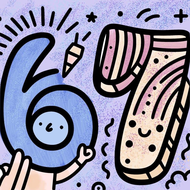 make a big colouring page of a 6 and 7