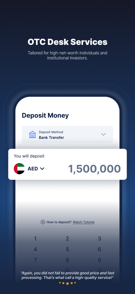 CoinMENA app interface showing OTC desk services for high net worth individuals with a 1.5 million AED bank transfer deposit screen
