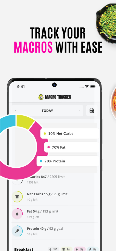 Tela do aplicativo móvel Wholesome Yum mostrando o rastreamento de macros com um gráfico de pizza e progresso nutricional diário