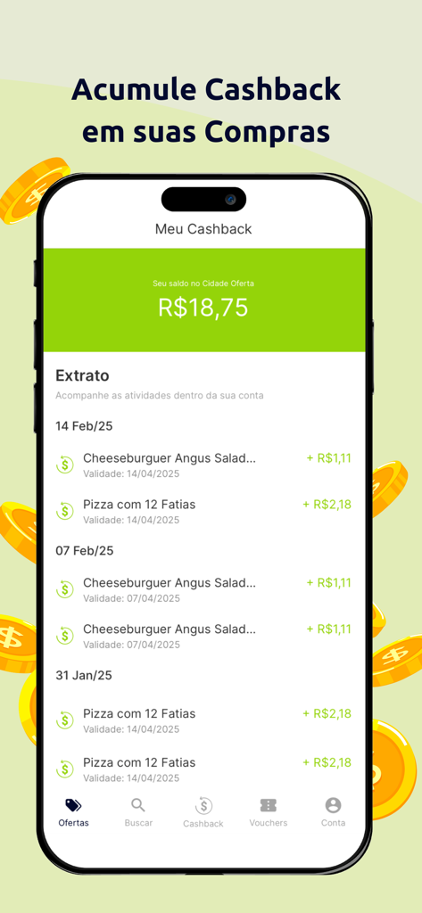 Interface de l'application Cidade Oferta montrant le solde du cashback gagné et l'historique des transactions pour les achats de nourriture.
