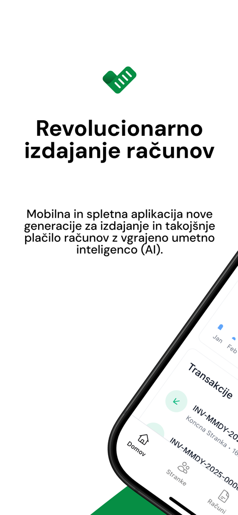 Račun123 - Pantalla de la app móvil Račun123 que muestra facturación con IA y funciones de pago instantáneo