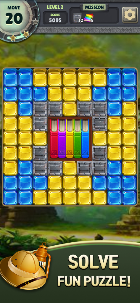 Una cuadrícula de rompecabezas match 2 de Jewel Blast Temple con joyas coloridas y un tema de jungla