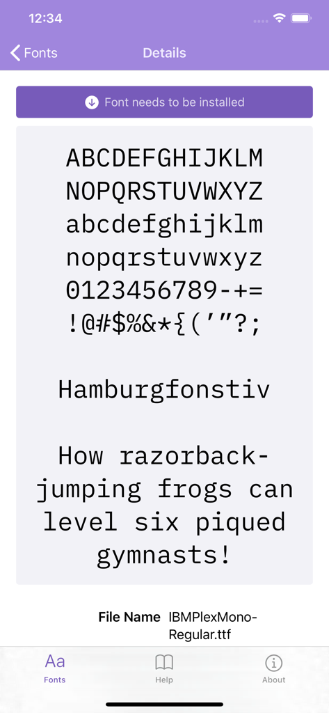 Font details screen in Fontcase showing character preview and installation status for IBM Plex Mono Regular