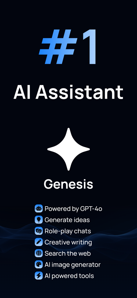 Genesis AI Assistant app screen showing features like GPT-4o integration, image generator, and creative writing tools