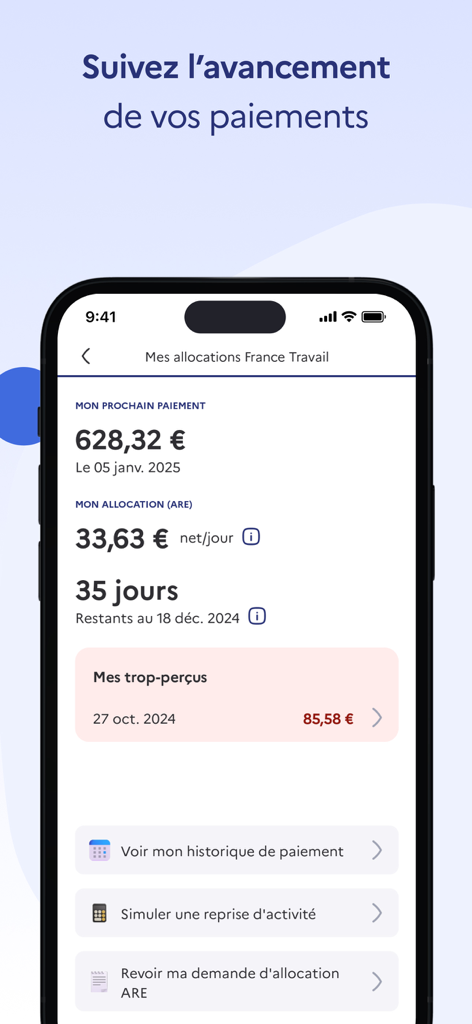 Interfaccia dell'app Mon Espace France Travail che mostra il prossimo pagamento e i dettagli dell'indennità giornaliera.