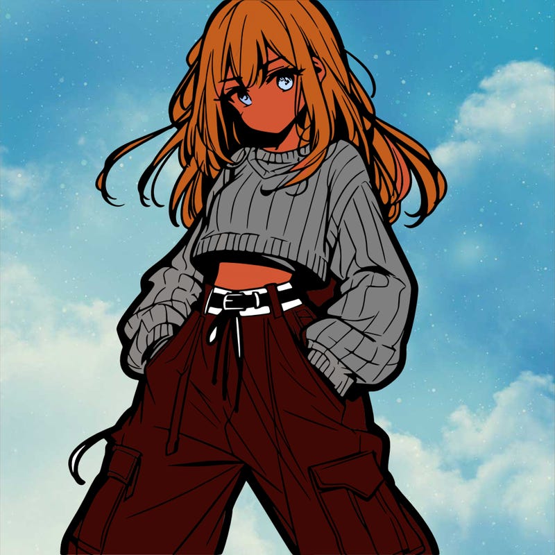 anime teen girl with baggy pants and crop top with sweater