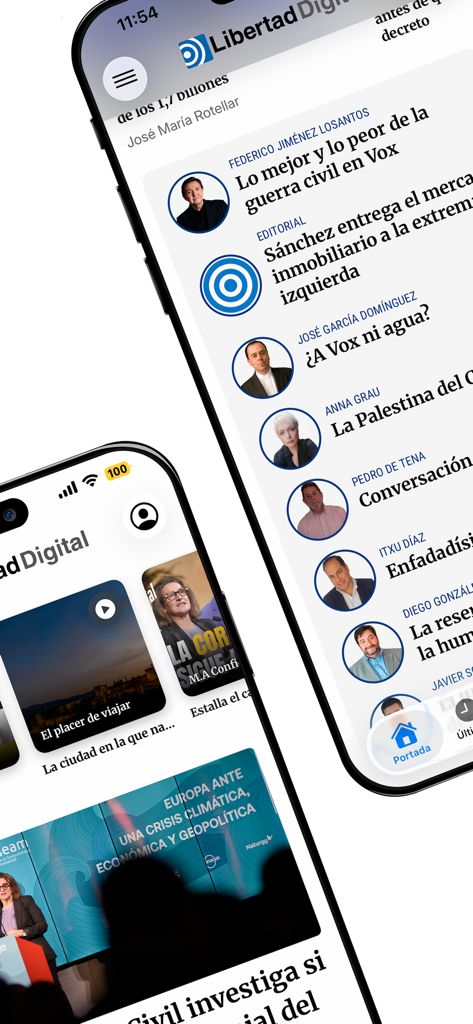 Libertad Digital - Mobile interface of the Libertad Digital news app displaying articles and opinion columns in Spanish.
