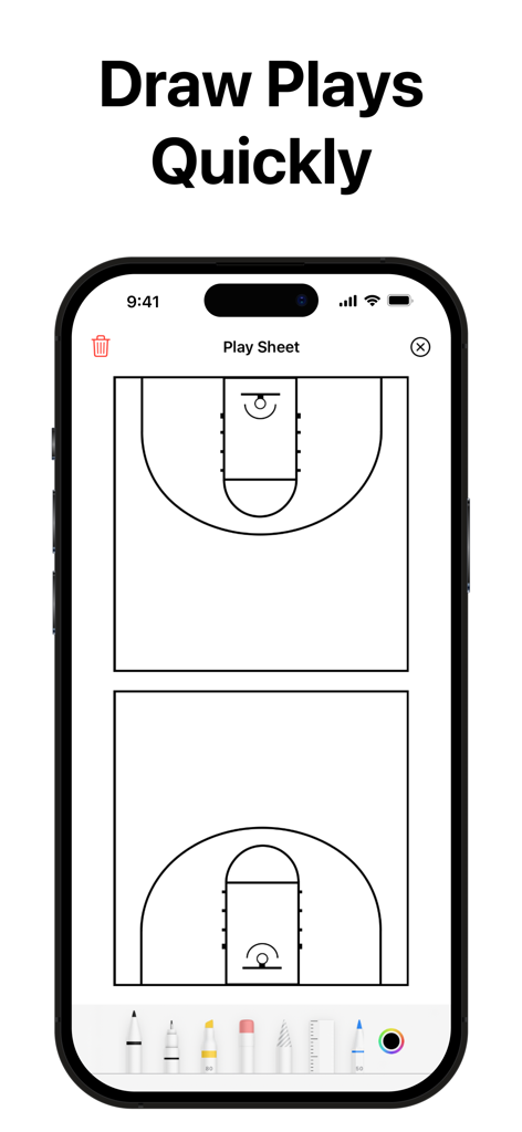 PracticePlanner - Coach Plan - A mobile phone screen showing a basketball court diagram on a play sheet with digital drawing tools