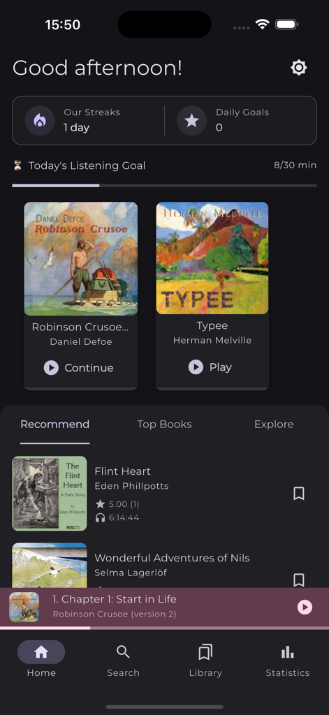 Sonata Story: Audiobooks - Sonata Story audiobook app home screen with listening streaks and book recommendations
