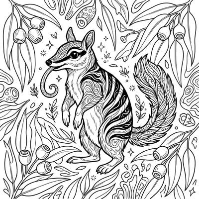 Dive into the intricate world of the numbat with this stunning adult coloring page, designed to challenge and relax. Explore detailed patterns on this unique marsupial and its native eucalyptus habitat for a truly mindful coloring experience.