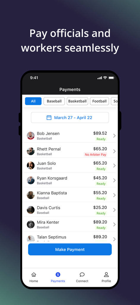 Arbiter - The Arbiter app screen for managing and processing payments to sports officials and workers