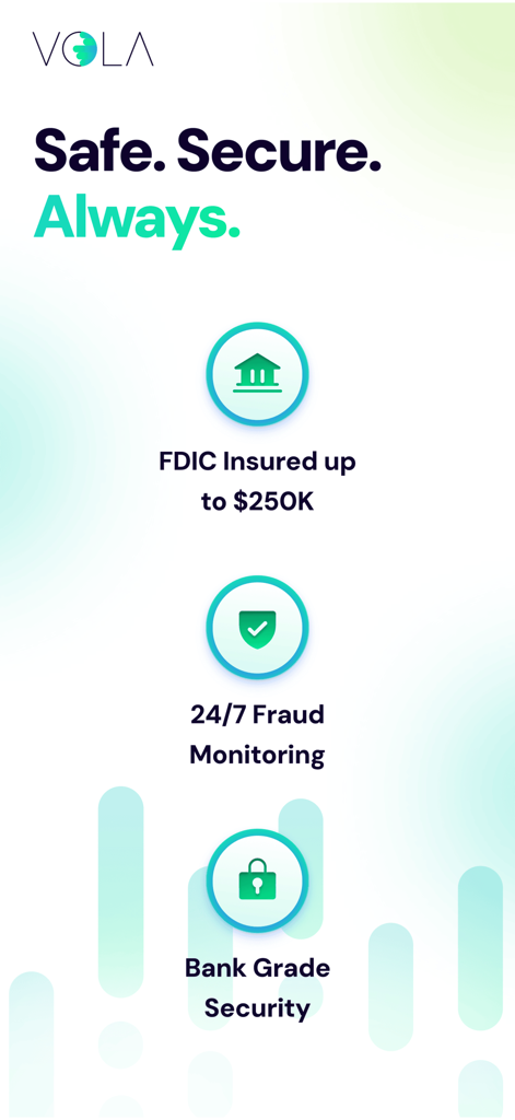 Vola: Cash Advance & Credit - FDIC 보험 사기 모니터링 및 은행 등급 보안을 보여주는 Vola 앱 보안 화면