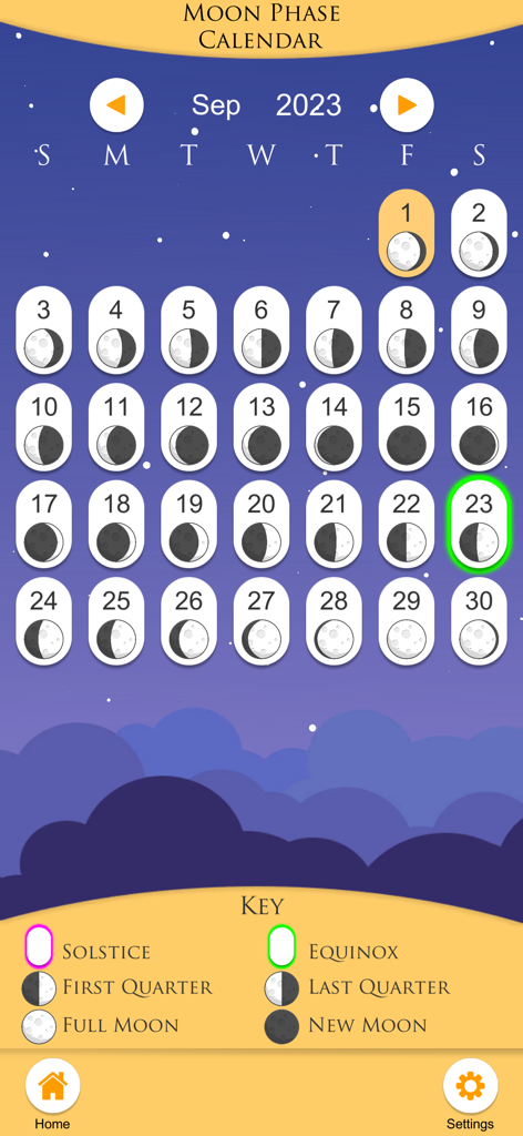 Uma interface de calendário de fases da lua mensal para setembro de 2023 mostrando ciclos lunares diários e marcadores de equinócio