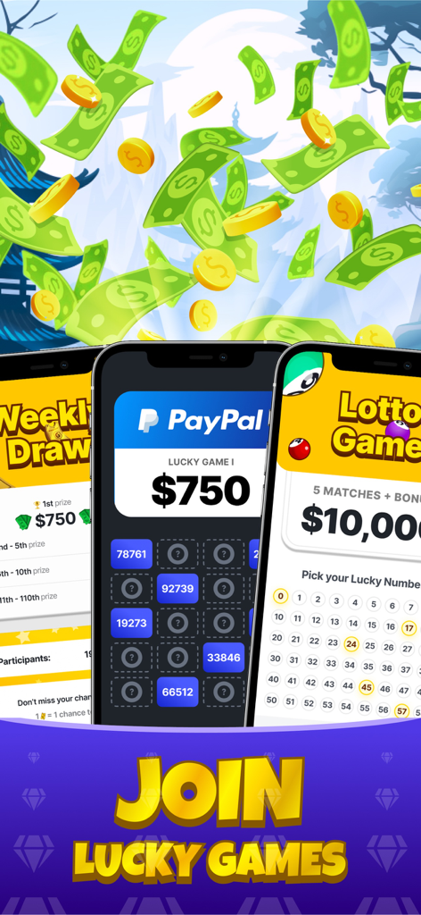 Trois écrans de téléphone montrant des récompenses en espèces PayPal et des jeux de loterie avec de l'argent qui tombe