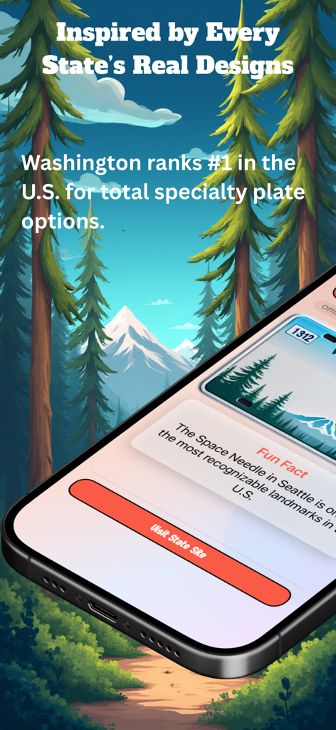 Plate Picasso! - Una pantalla de smartphone mostrando la aplicación Plate Picasso con diseños de matrículas especiales del estado de Washington y datos curiosos.