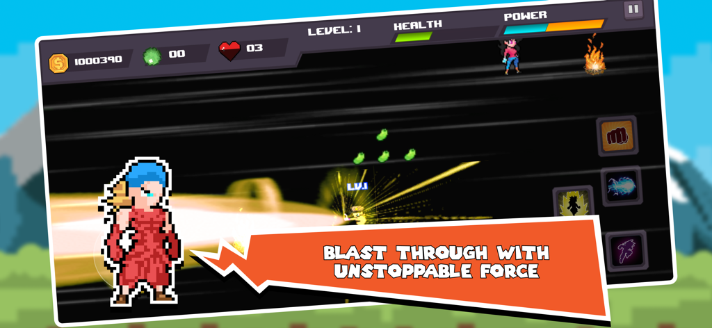 Legendary Z Warriors - Pixel art warrior character performing a powerful energy blast attack in Legendary Z Warriors