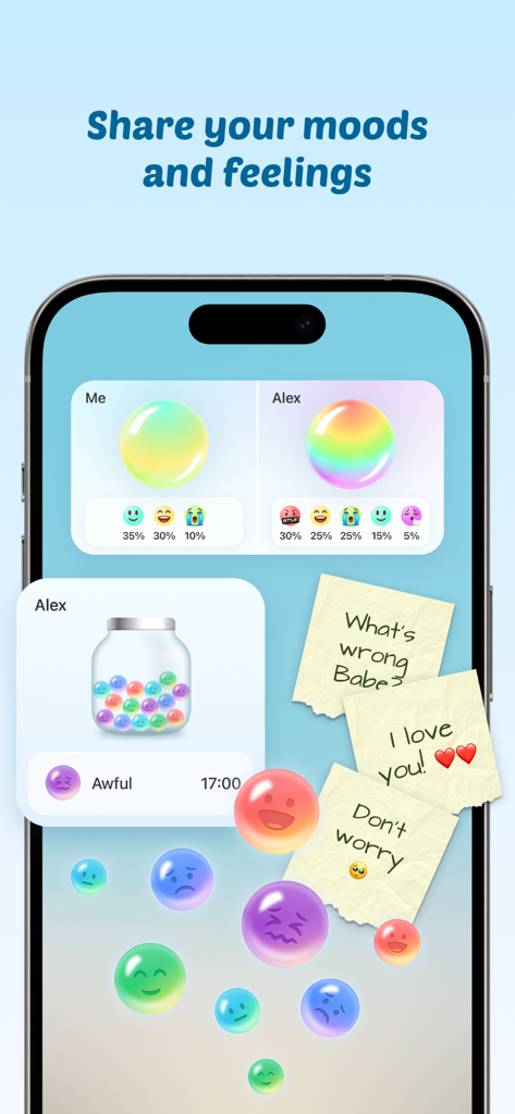 친구들과 감정을 공유하기 위한 Widgetable 무드 버블과 무드 항아리 위젯을 표시하는 스마트폰