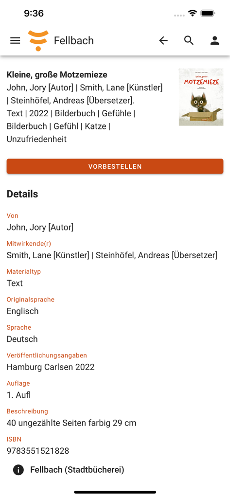 mobilOPAC YourBibモバイルアプリ、フェルバッハ図書館カタログからの詳細な書籍エントリーを表示し、予約ボタン付き
