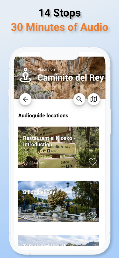 Caminito del Rey - Interface do aplicativo Caminito del Rey mostrando paradas na trilha e locais do guia de áudio.