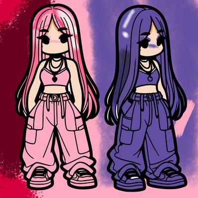 girl in baggy pants crop top and long hair