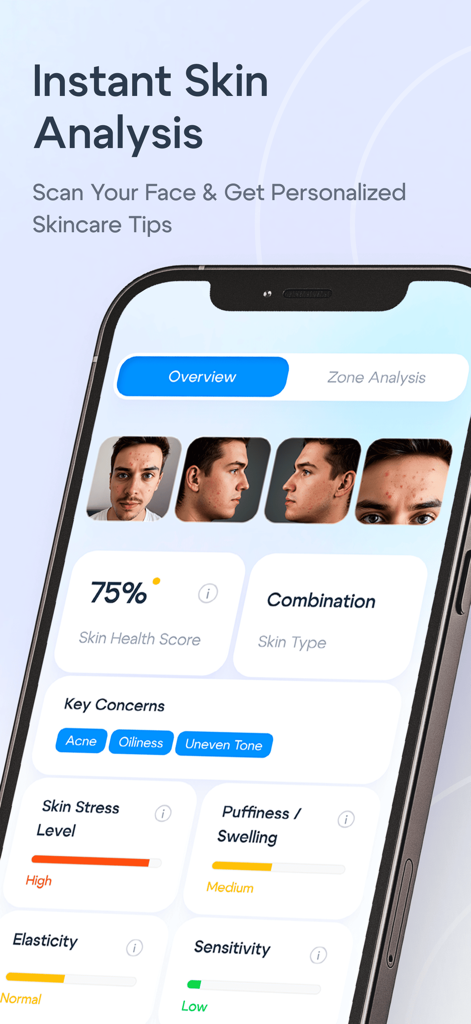 Mobile dashboard of Lume AI Skin Scanner showing a seventy five percent skin health score and detailed analysis of acne and stress levels.