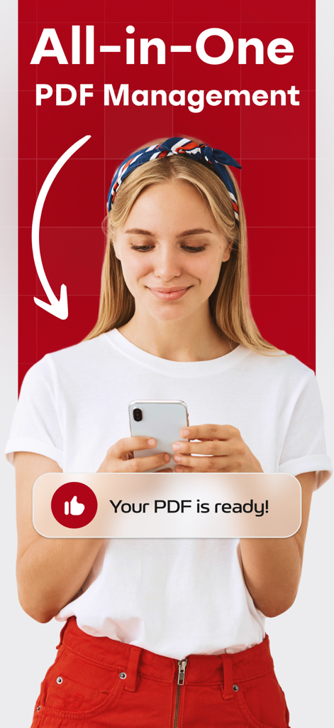PDF Converter: Editor, Scanner - A young professional using a smartphone with a notification saying Your PDF is ready for all-in-one PDF management