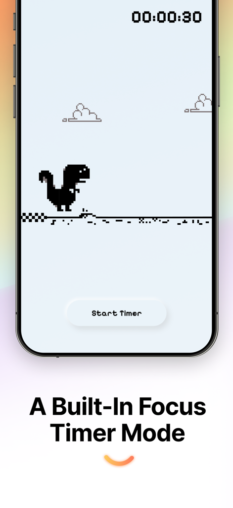 Interfaz de la aplicación Steve Dino Run que muestra el modo temporizador de enfoque incorporado con un dinosaurio de arte de píxeles