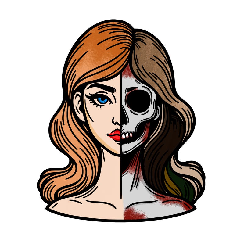 bust of a woman, half face and hair, half skull