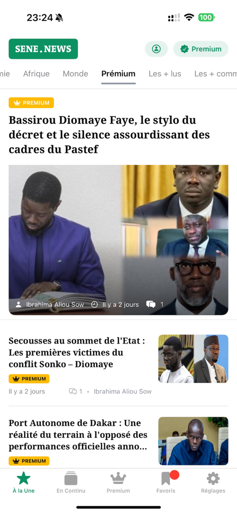 SeneNews – Infos & Actualité - Interfaccia dell'app SeneNews che mostra articoli premium sulla politica senegalese