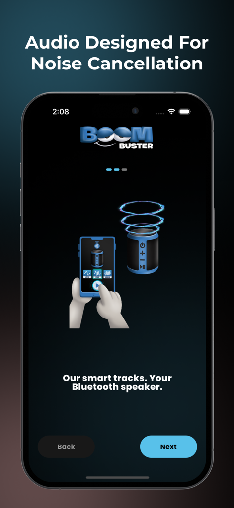 BoomBuster: Noise Blocker - Écran d'accueil de l'application BoomBuster montrant un smartphone se connectant à un haut-parleur Bluetooth pour la réduction du bruit.