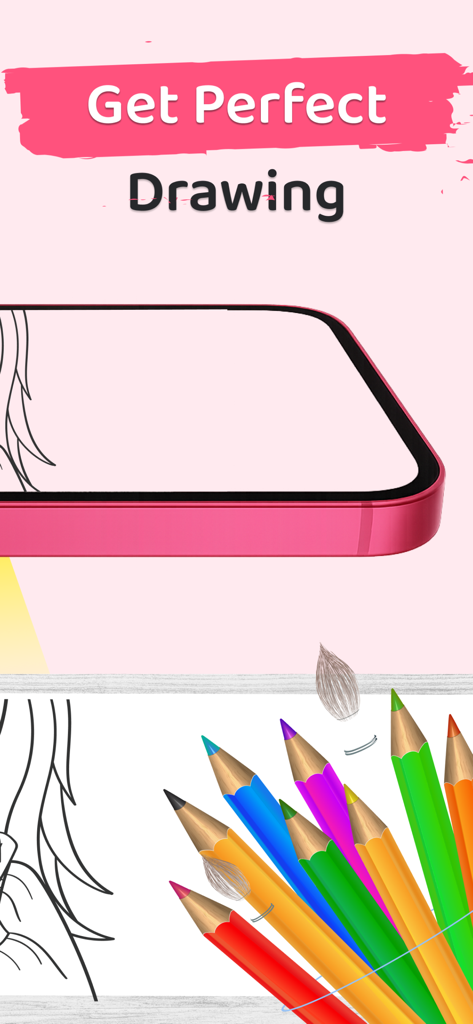 A smartphone showing a drawing outline with colored pencils below it