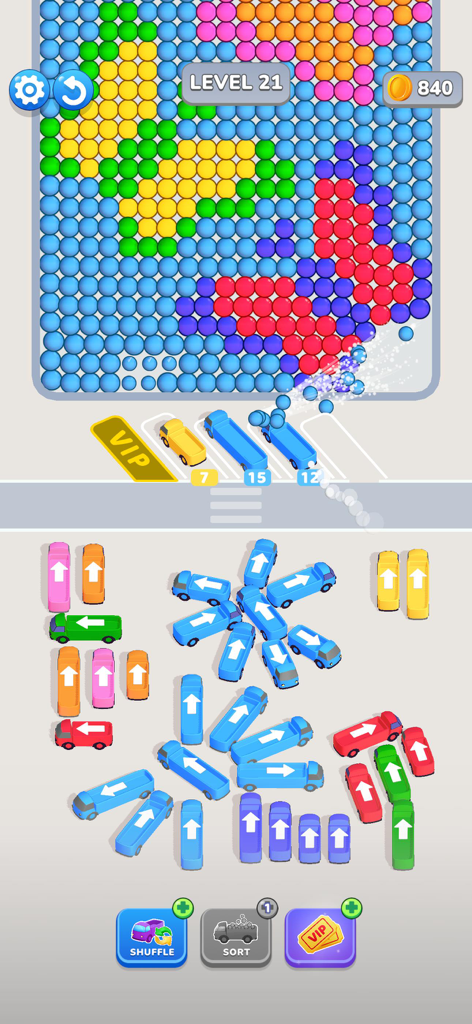 Bubble Bus: Parking Jam Puzzle - Pantalla del juego móvil mostrando un rompecabezas de atasco de aparcamiento con clasificación de colores con autobuses coloridos y burbujas