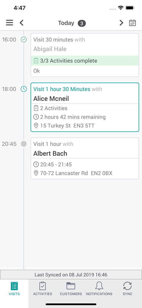 Access Care Planning app interface displaying a chronological list of daily home care visits and completed activities