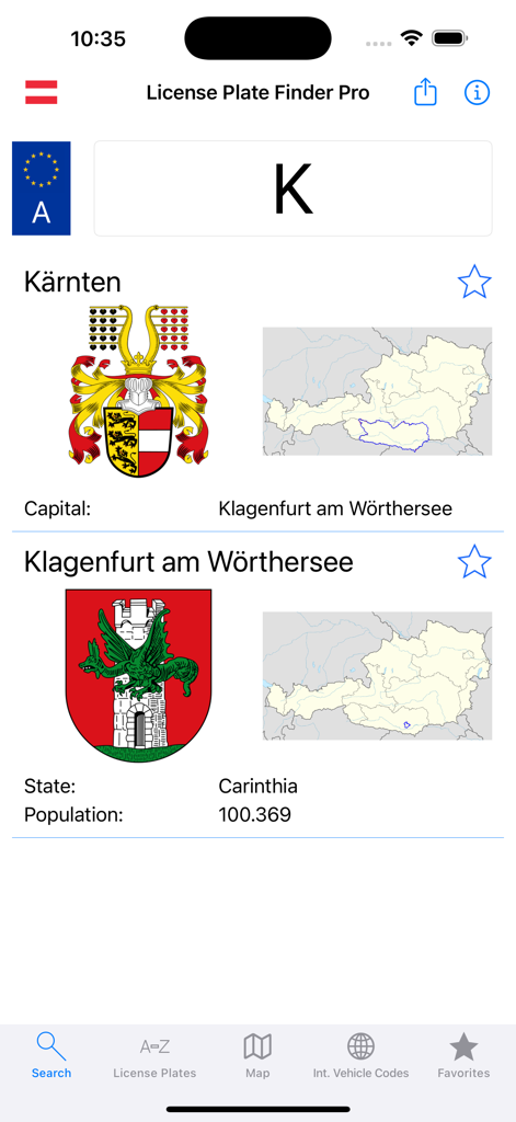 License Plate Finder - L'app Trova Targa visualizza i dettagli regionali per il prefisso di targa austriaco K, incluse mappe e stemmi