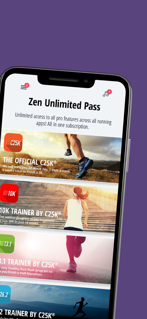 Zen Unlimited Pass screen displaying various fitness training apps like C25K and 10K Trainer