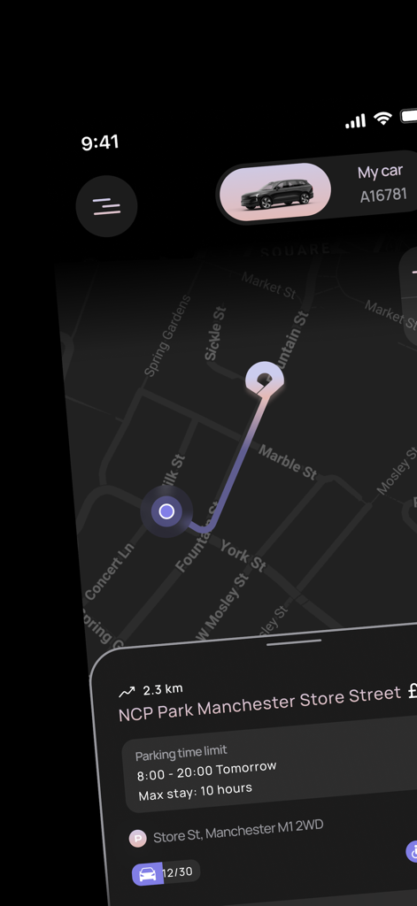 Parc - Parc app interface showing a map with a route to a parking spot at NCP Park Manchester Store Street