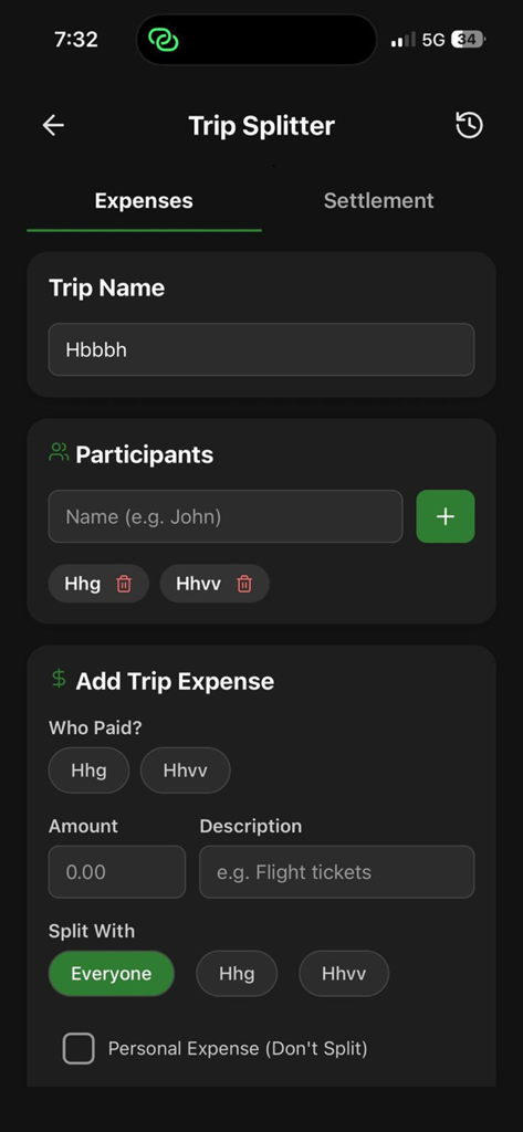 Budget Buddy: Save & Track - Interface of the Trip Splitter feature in Budget Buddy showing trip expenses and participant management